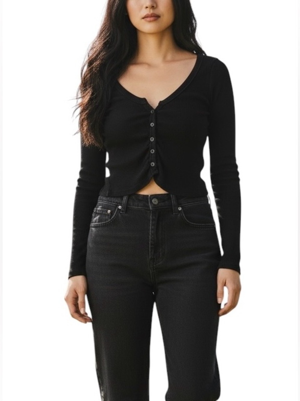 Forever 21 Button Up Ruched Crop Top Women’s Small Black Long Sleeve Y2K Comfy